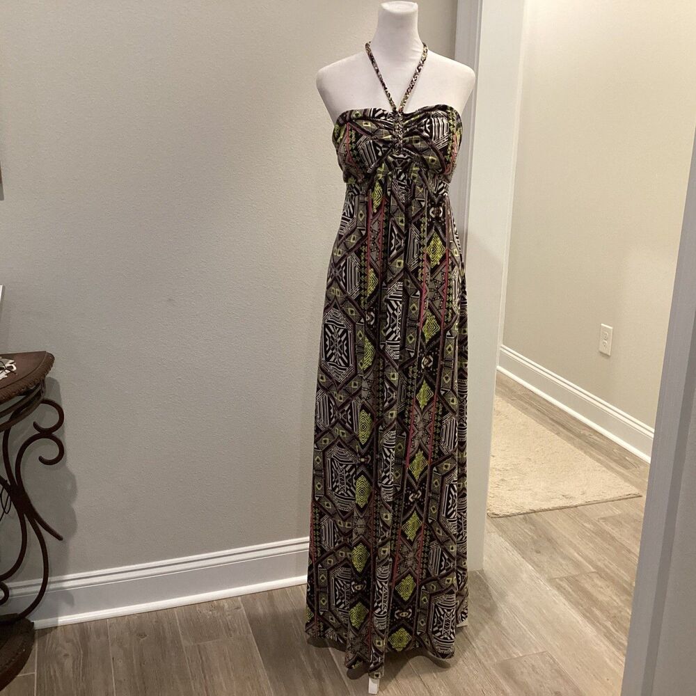 Love Fire Women's Sundress Halter Maxi Dress Tile Print Sz L Black White